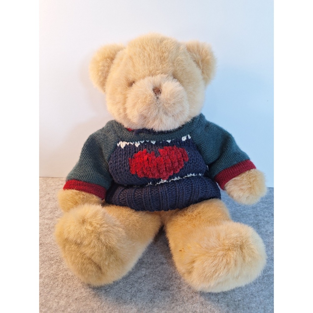 Commonwealth Classic Tan Teddy Bear Red  Brown Bow Plush Big Tummy Soft